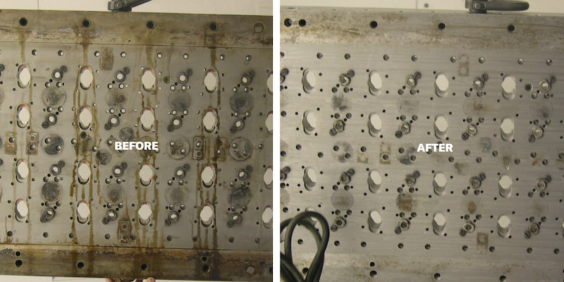 Before and after of injection mold cleaning